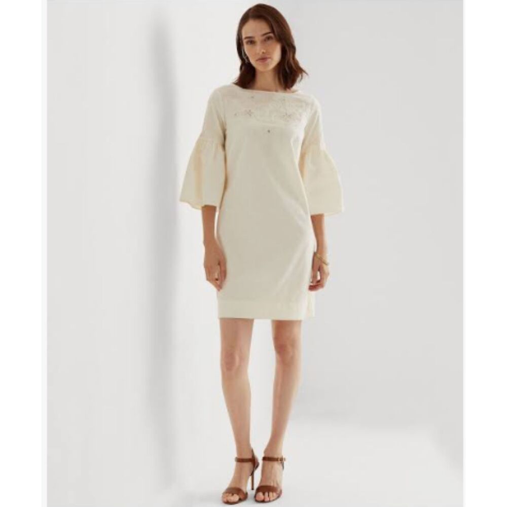 Ralph Lauren Ivory Eyelet Embroidered Boat-Neck Bell-Sleeve Shift Dress